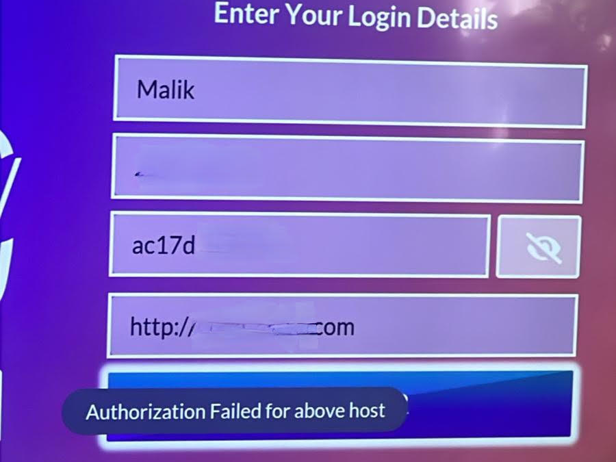 "Authorization failed for Above Host" error on IPTV Smarters Pro